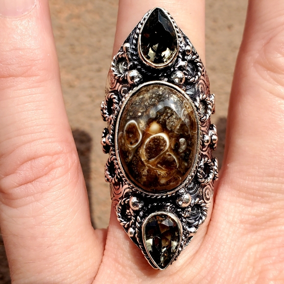 New Turtella Agate Fossil and Smoky Quartz 925 Silver Statement Ring. - Picture 12 of 16